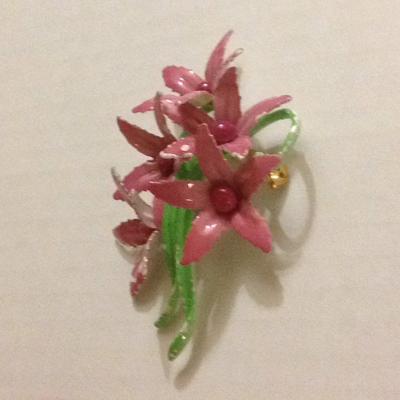 Pink XL Enamel Flower Pin Brooch 1920 1930 1940 - Picture 2 of 8